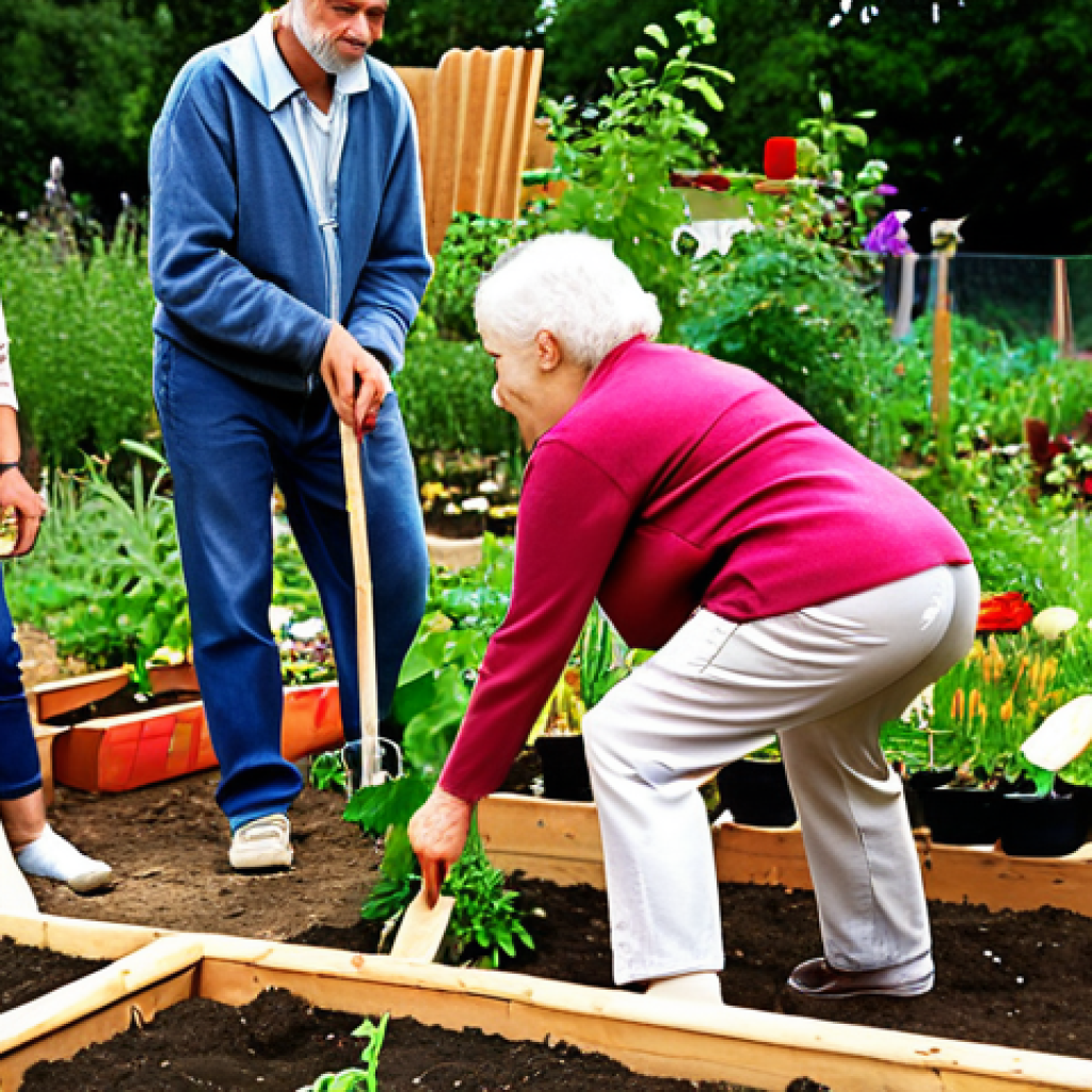 **A diverse group of people of varying ages (young adults, middle-aged, and elderly) working together in a community garden, planting flowers and vegetables. The scene should depict collaboration and intergenerational connection in a bright, sunny outdoor setting, emphasizing community involvement and shared goals. Include gardening tools and elements that convey a sense of harmony and cooperation.**