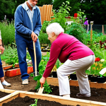 **A diverse group of people of varying ages (young adults, middle-aged, and elderly) working together in a community garden, planting flowers and vegetables. The scene should depict collaboration and intergenerational connection in a bright, sunny outdoor setting, emphasizing community involvement and shared goals. Include gardening tools and elements that convey a sense of harmony and cooperation.**