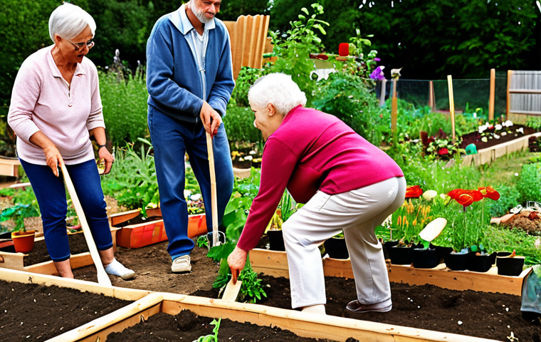 **A diverse group of people of varying ages (young adults, middle-aged, and elderly) working together in a community garden, planting flowers and vegetables. The scene should depict collaboration and intergenerational connection in a bright, sunny outdoor setting, emphasizing community involvement and shared goals. Include gardening tools and elements that convey a sense of harmony and cooperation.**
